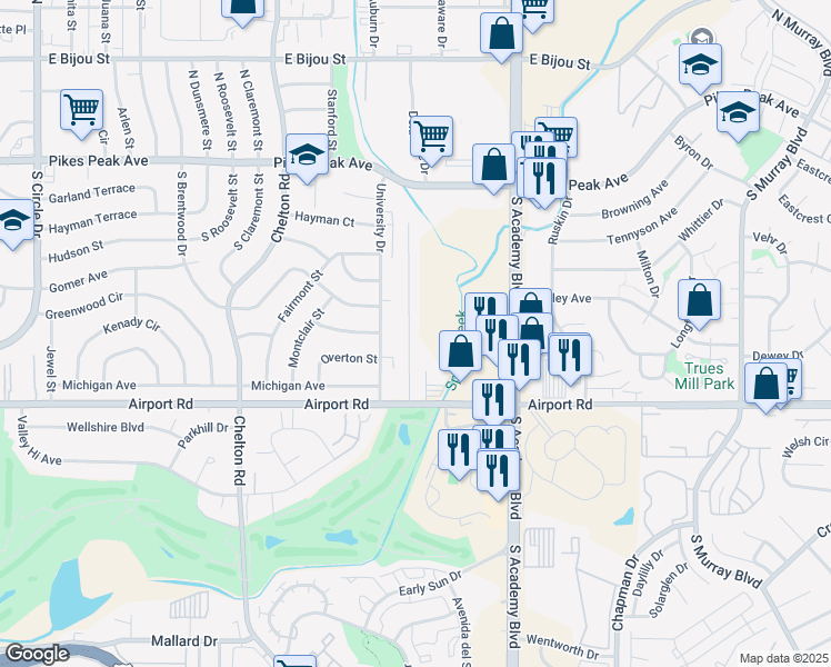 map of restaurants, bars, coffee shops, grocery stores, and more near 221 Audubon Drive in Colorado Springs