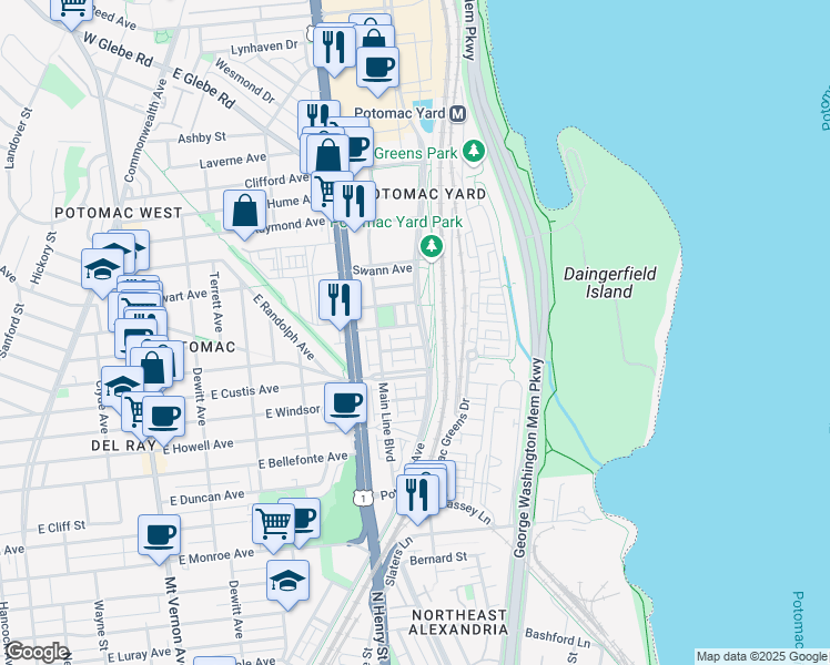 map of restaurants, bars, coffee shops, grocery stores, and more near 2312 Potomac Avenue in Alexandria