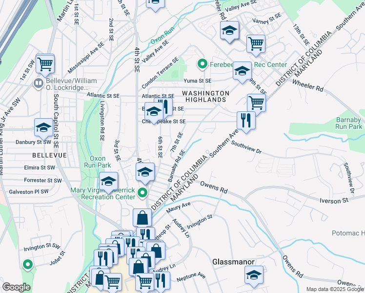 map of restaurants, bars, coffee shops, grocery stores, and more near 4283 Barnaby Road Southeast in Washington