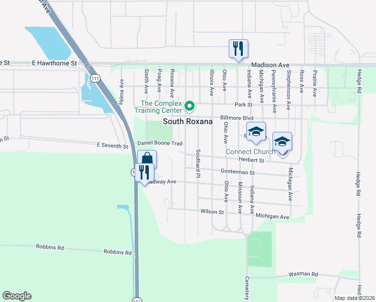 map of restaurants, bars, coffee shops, grocery stores, and more near 456 Sinclair Avenue in South Roxana
