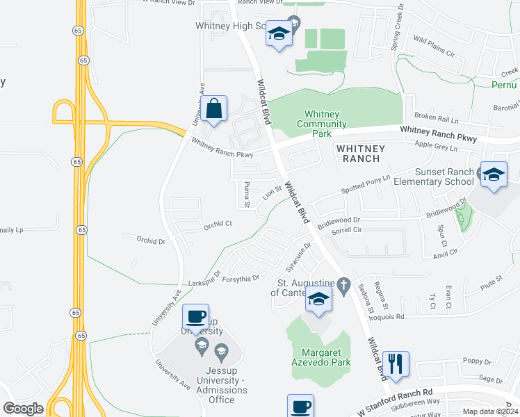 map of restaurants, bars, coffee shops, grocery stores, and more near 1629 Lion Street in Rocklin
