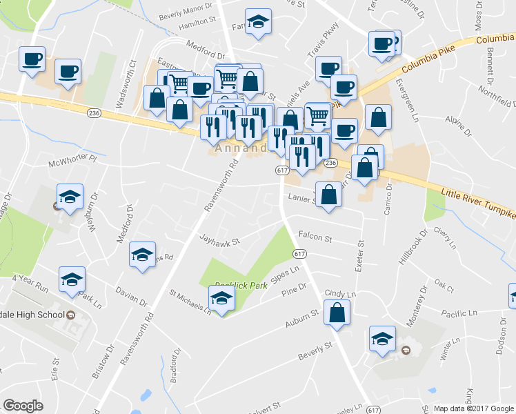 map of restaurants, bars, coffee shops, grocery stores, and more near 4423 Elan Court in Annandale