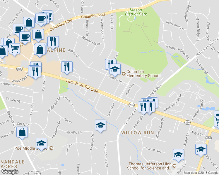 map of restaurants, bars, coffee shops, grocery stores, and more near 6776 Little River Turnpike in Annandale