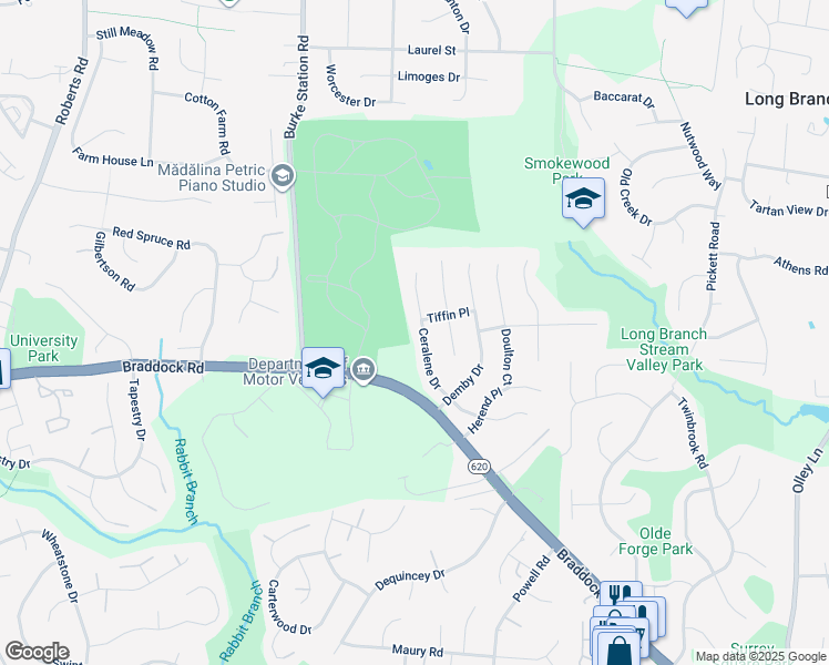map of restaurants, bars, coffee shops, grocery stores, and more near 9719 Ceralene Drive in Fairfax