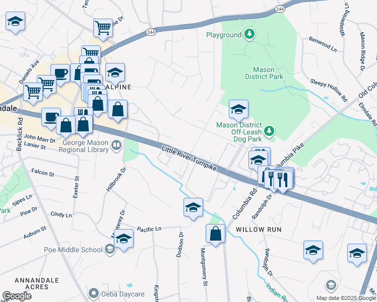 map of restaurants, bars, coffee shops, grocery stores, and more near 6800 Little River Turnpike in Annandale
