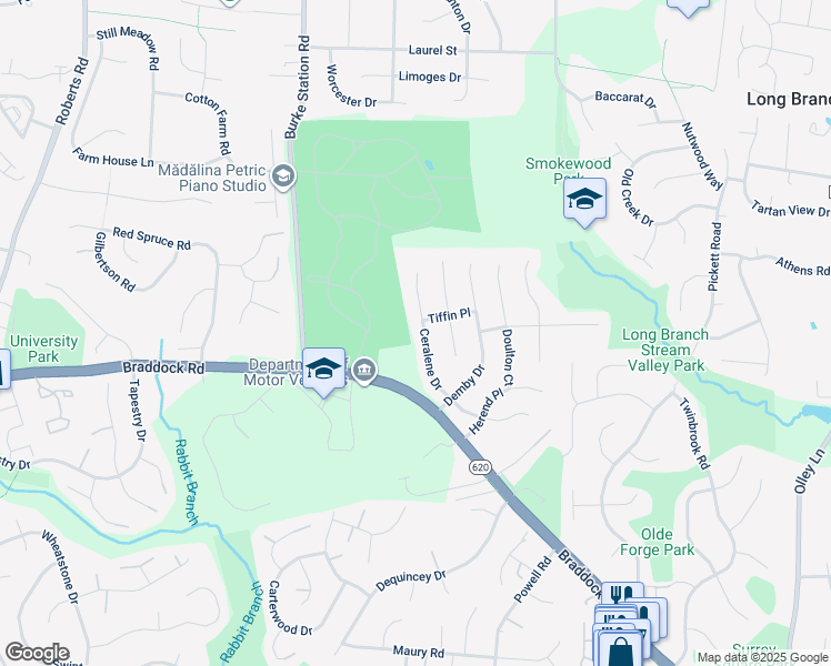 map of restaurants, bars, coffee shops, grocery stores, and more near 9719 Ceralene Drive in Fairfax