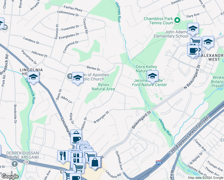 map of restaurants, bars, coffee shops, grocery stores, and more near 1234 North Chambliss Street in Alexandria
