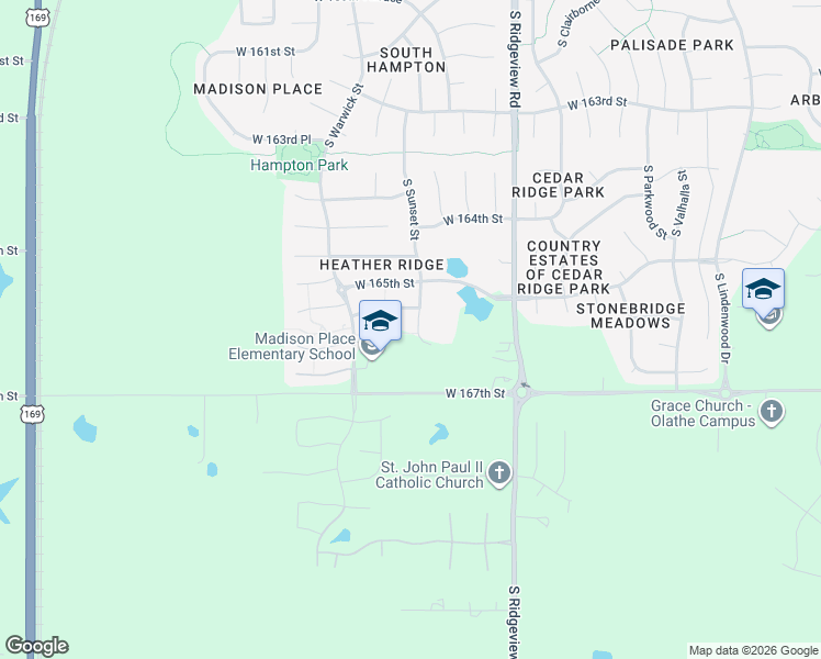 map of restaurants, bars, coffee shops, grocery stores, and more near 16586 South Sunset Street in Olathe