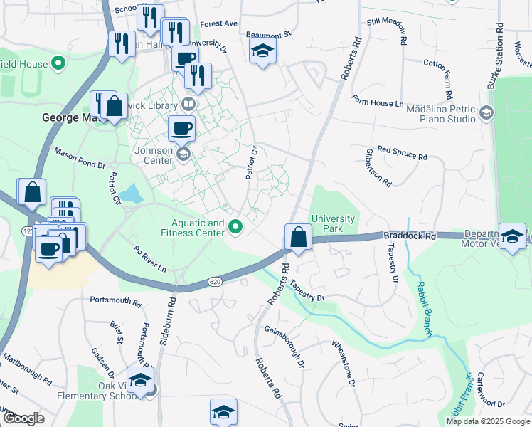 map of restaurants, bars, coffee shops, grocery stores, and more near Presidents Park Drive in Fairfax