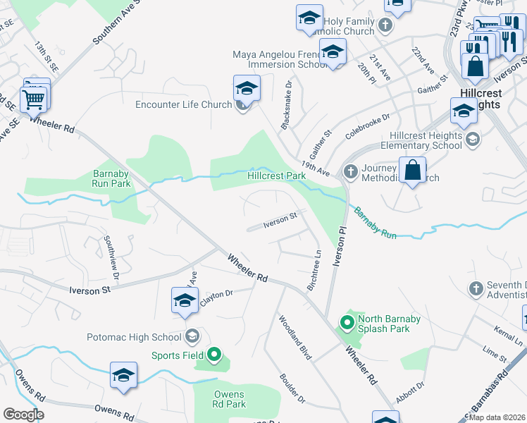 map of restaurants, bars, coffee shops, grocery stores, and more near 2107 Whispering Willow Court in Temple Hills