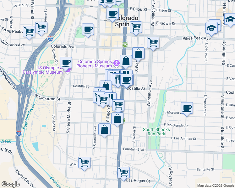 map of restaurants, bars, coffee shops, grocery stores, and more near 411 South Tejon Street in Colorado Springs