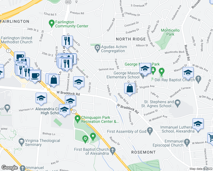 map of restaurants, bars, coffee shops, grocery stores, and more near 2506 Valley Drive in Alexandria