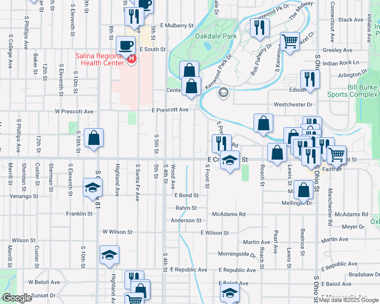 map of restaurants, bars, coffee shops, grocery stores, and more near 678 South 2nd Street in Salina
