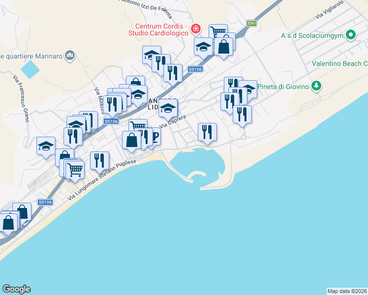 map of restaurants, bars, coffee shops, grocery stores, and more near 56 Via Lungomare Stefano Pugliese in Catanzaro