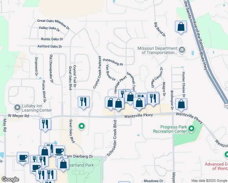 map of restaurants, bars, coffee shops, grocery stores, and more near 249 Pierce View Circle in Wentzville