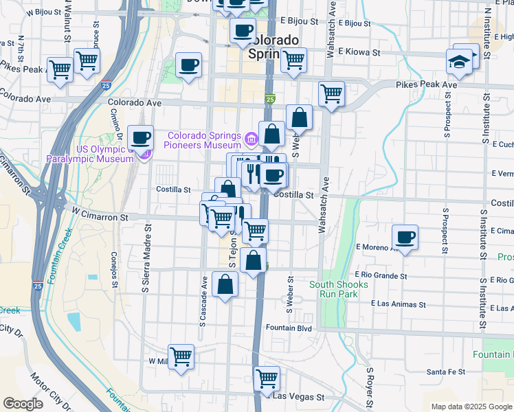 map of restaurants, bars, coffee shops, grocery stores, and more near 411 South Tejon Street in Colorado Springs
