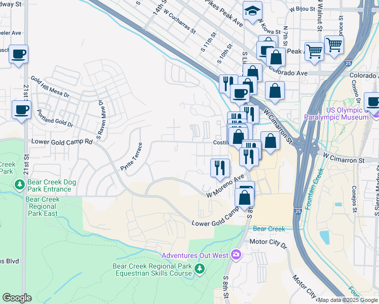 map of restaurants, bars, coffee shops, grocery stores, and more near 420 South 11th Street in Colorado Springs