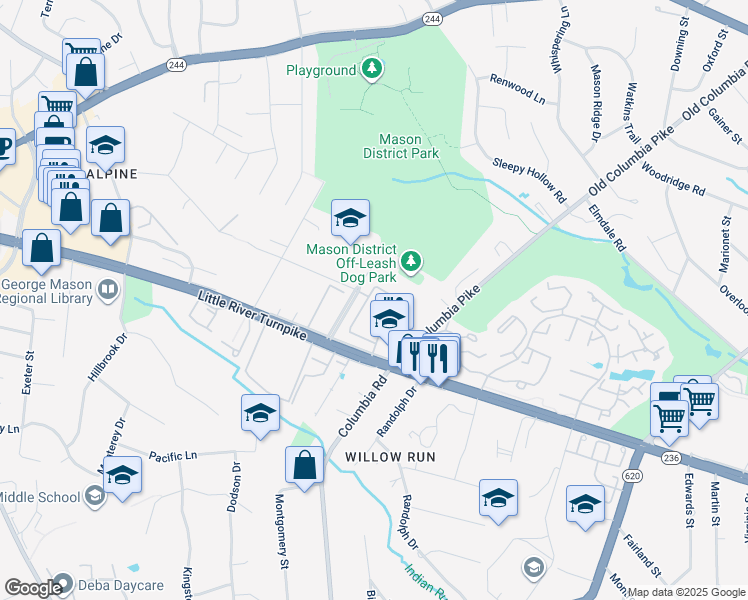 map of restaurants, bars, coffee shops, grocery stores, and more near 4503 Airlie Way in Annandale