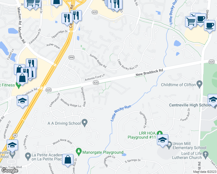 map of restaurants, bars, coffee shops, grocery stores, and more near 13889 Laura Ratcliff Court in Centreville