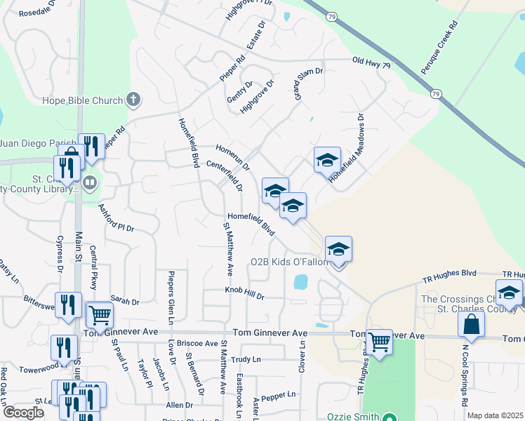 map of restaurants, bars, coffee shops, grocery stores, and more near 608 Homerun Drive in O'Fallon