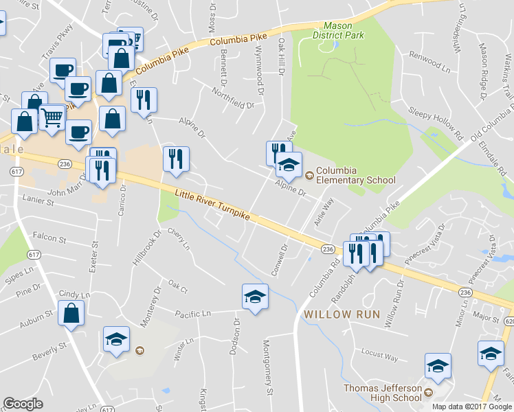 map of restaurants, bars, coffee shops, grocery stores, and more near 4415 Roberts Avenue in Annandale