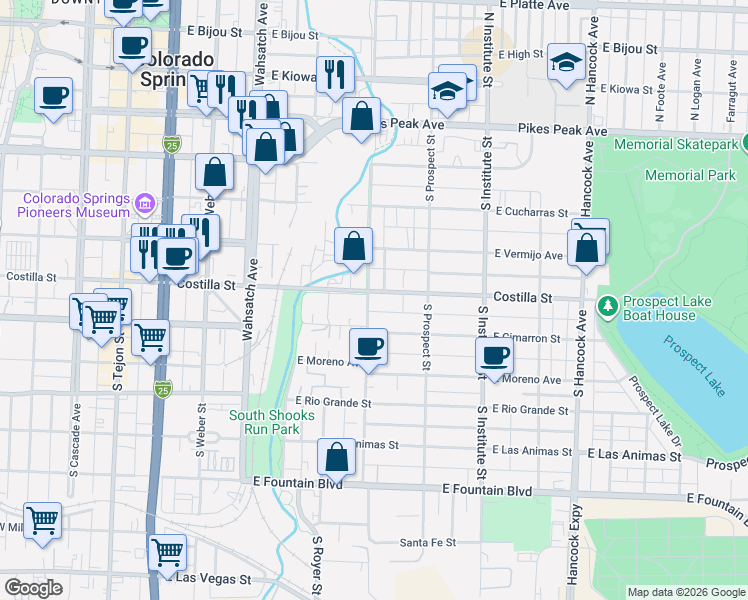 map of restaurants, bars, coffee shops, grocery stores, and more near 715 East Costilla Street in Colorado Springs