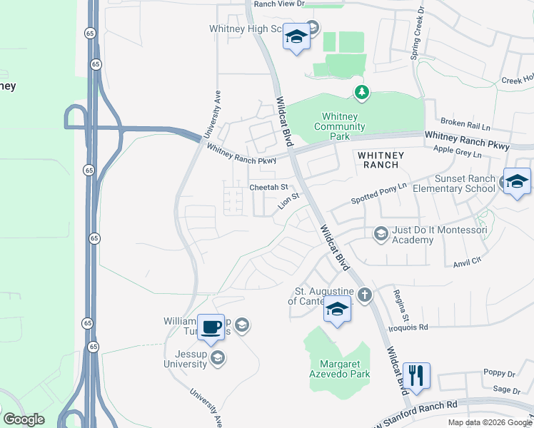 map of restaurants, bars, coffee shops, grocery stores, and more near 1662 Lion Street in Rocklin
