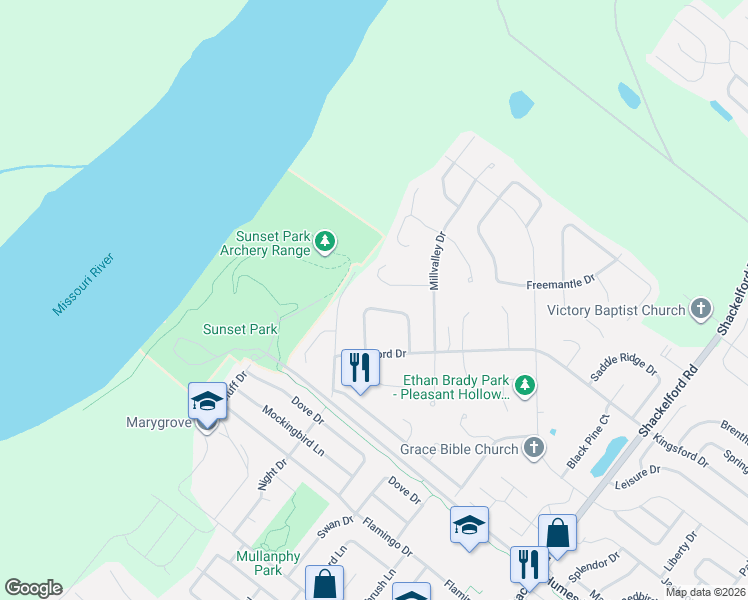 map of restaurants, bars, coffee shops, grocery stores, and more near 2365 Farflung Drive in Florissant