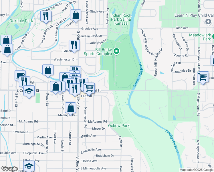 map of restaurants, bars, coffee shops, grocery stores, and more near 675 Jaran Street in Salina