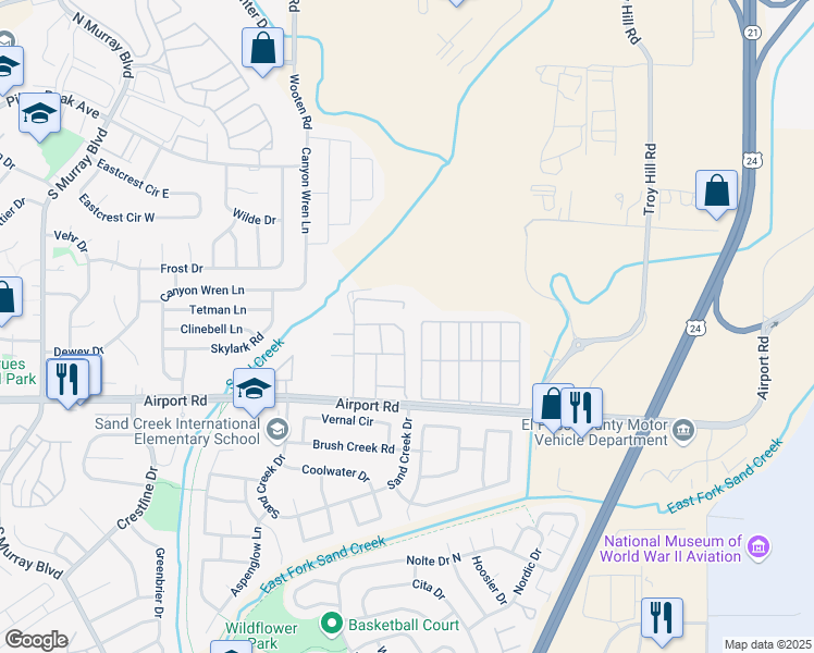 map of restaurants, bars, coffee shops, grocery stores, and more near 275 Ellers Grove in Colorado Springs