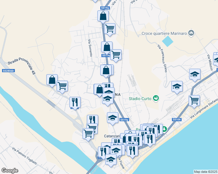 map of restaurants, bars, coffee shops, grocery stores, and more near 276 Viale Magna Grecia in Catanzaro