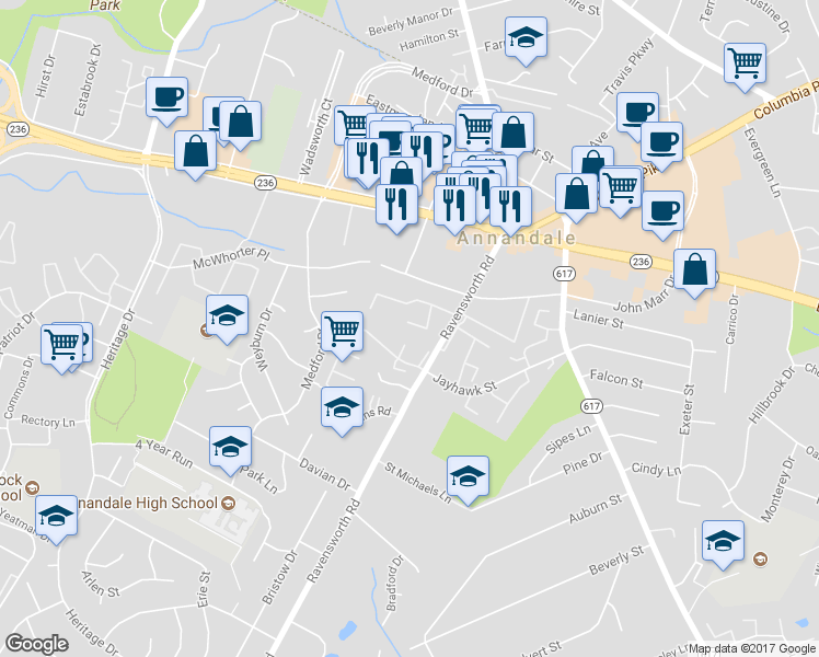 map of restaurants, bars, coffee shops, grocery stores, and more near 4444 Chase Park Court in Annandale
