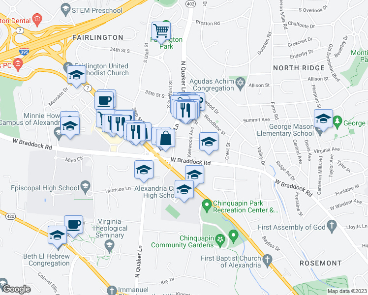 map of restaurants, bars, coffee shops, grocery stores, and more near 1727 Kingsgate Court in Alexandria