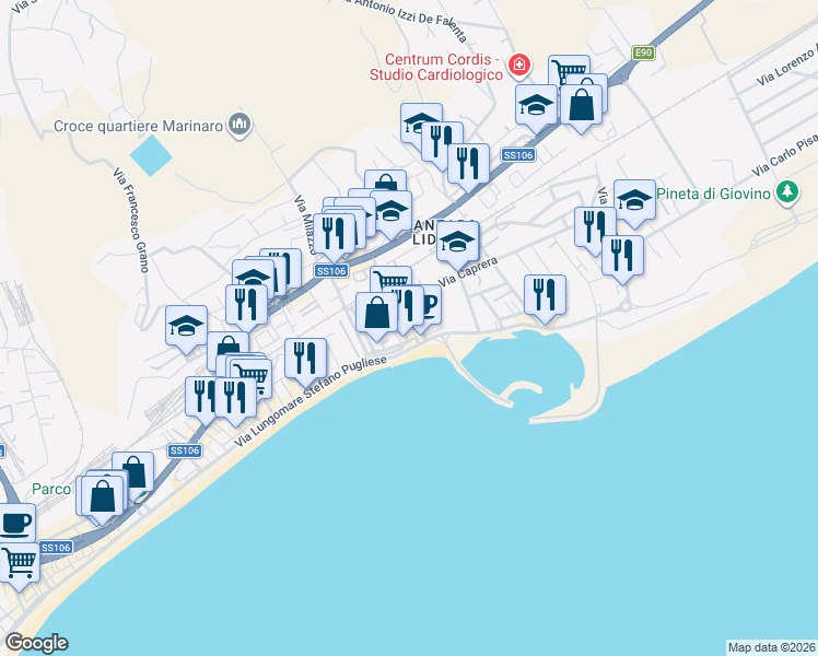 map of restaurants, bars, coffee shops, grocery stores, and more near 5 Via Niccoloso da Recco in Catanzaro