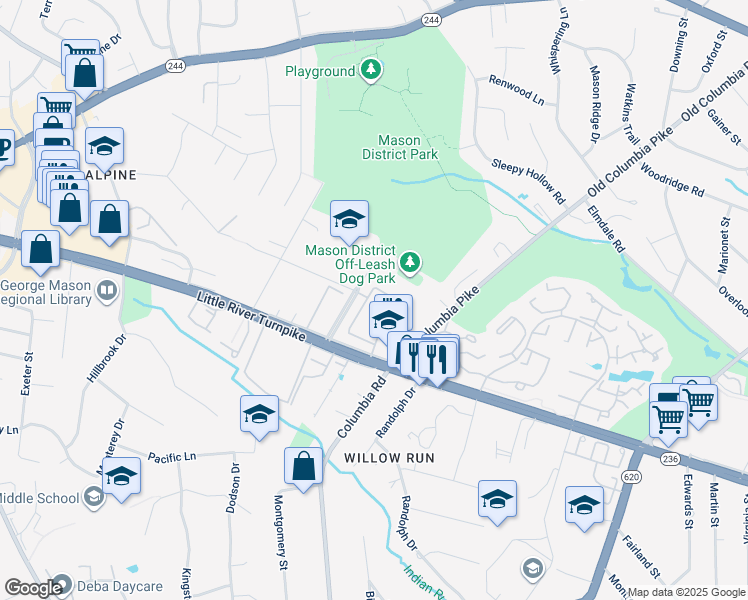 map of restaurants, bars, coffee shops, grocery stores, and more near 4503 Airlie Way in Annandale