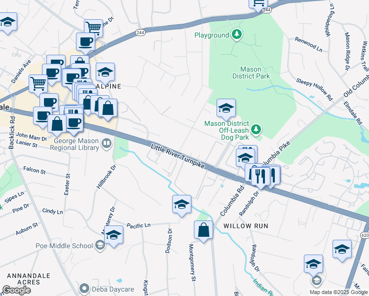 map of restaurants, bars, coffee shops, grocery stores, and more near 4415 Roberts Avenue in Annandale