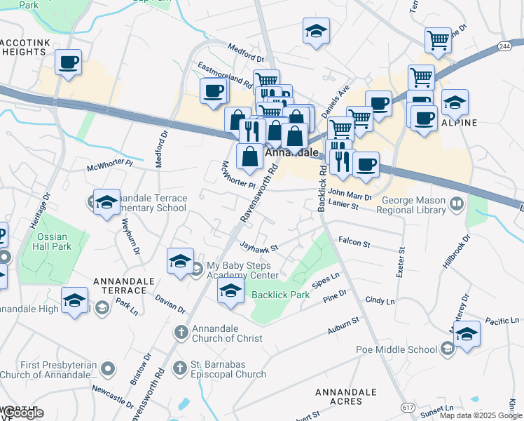 map of restaurants, bars, coffee shops, grocery stores, and more near 7492 Covent Wood Court in Annandale