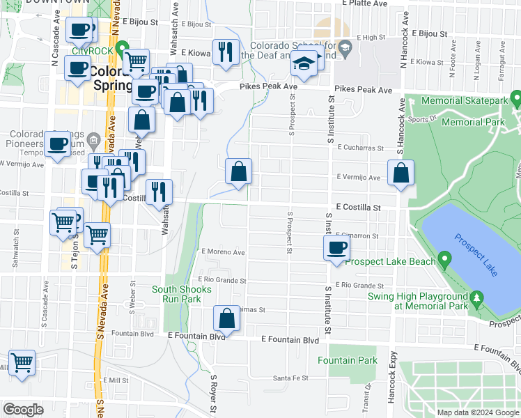map of restaurants, bars, coffee shops, grocery stores, and more near 715 East Costilla Street in Colorado Springs