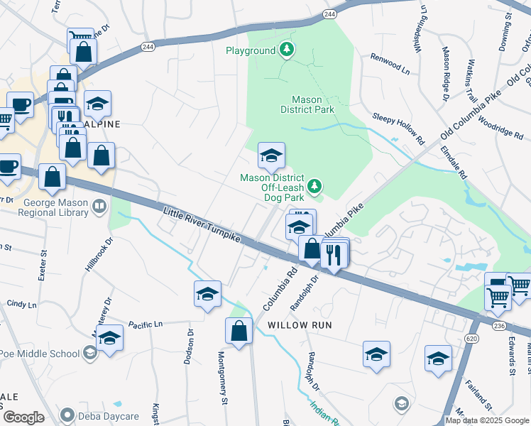 map of restaurants, bars, coffee shops, grocery stores, and more near 4506 Maxfield Drive in Annandale