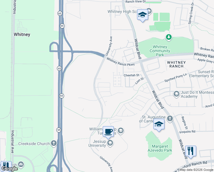 map of restaurants, bars, coffee shops, grocery stores, and more near 1217 Starflower Lane in Rocklin