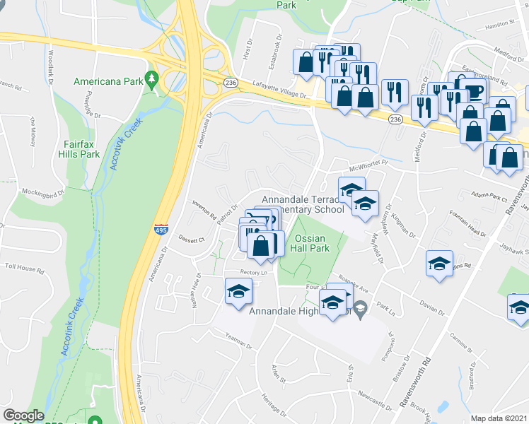 map of restaurants, bars, coffee shops, grocery stores, and more near 4432 Forest Glen Court in Annandale