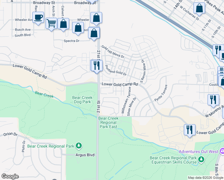 map of restaurants, bars, coffee shops, grocery stores, and more near 1712 Victorian Point in Colorado Springs