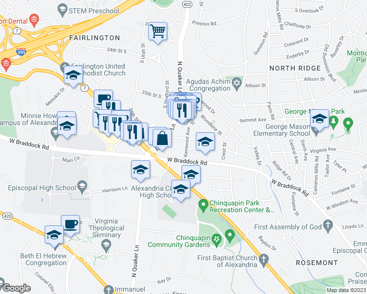 map of restaurants, bars, coffee shops, grocery stores, and more near 1739 Braddock Place in Alexandria