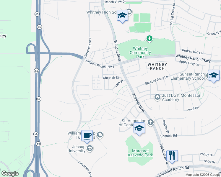 map of restaurants, bars, coffee shops, grocery stores, and more near 1662 Lion Street in Rocklin