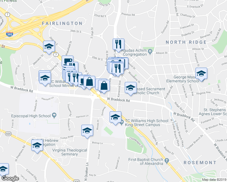 map of restaurants, bars, coffee shops, grocery stores, and more near 1733 Kingsgate Court in Alexandria