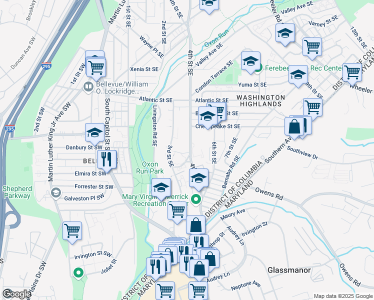 map of restaurants, bars, coffee shops, grocery stores, and more near 4335 4th Street Southeast in Washington