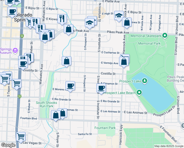map of restaurants, bars, coffee shops, grocery stores, and more near 827 East Costilla Street in Colorado Springs