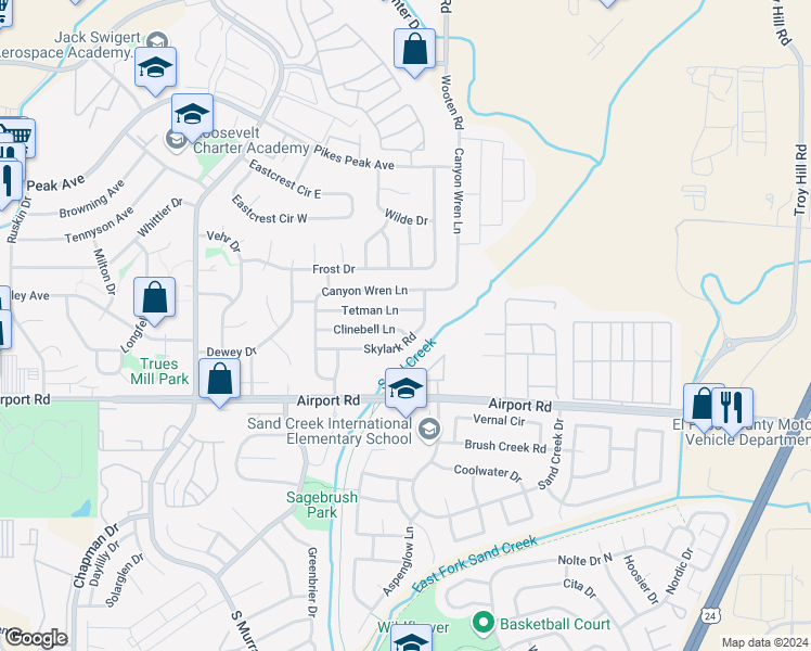 map of restaurants, bars, coffee shops, grocery stores, and more near 4704 Clinebell Lane in Colorado Springs