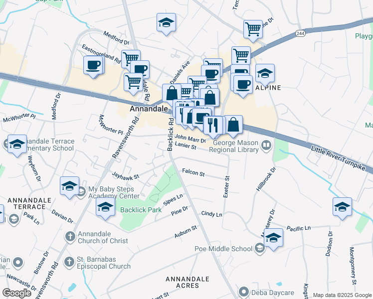 map of restaurants, bars, coffee shops, grocery stores, and more near 7127 Lanier Street in Annandale
