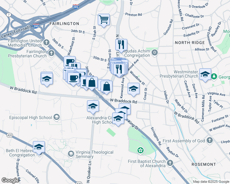 map of restaurants, bars, coffee shops, grocery stores, and more near 1727 Kingsgate Court in Alexandria
